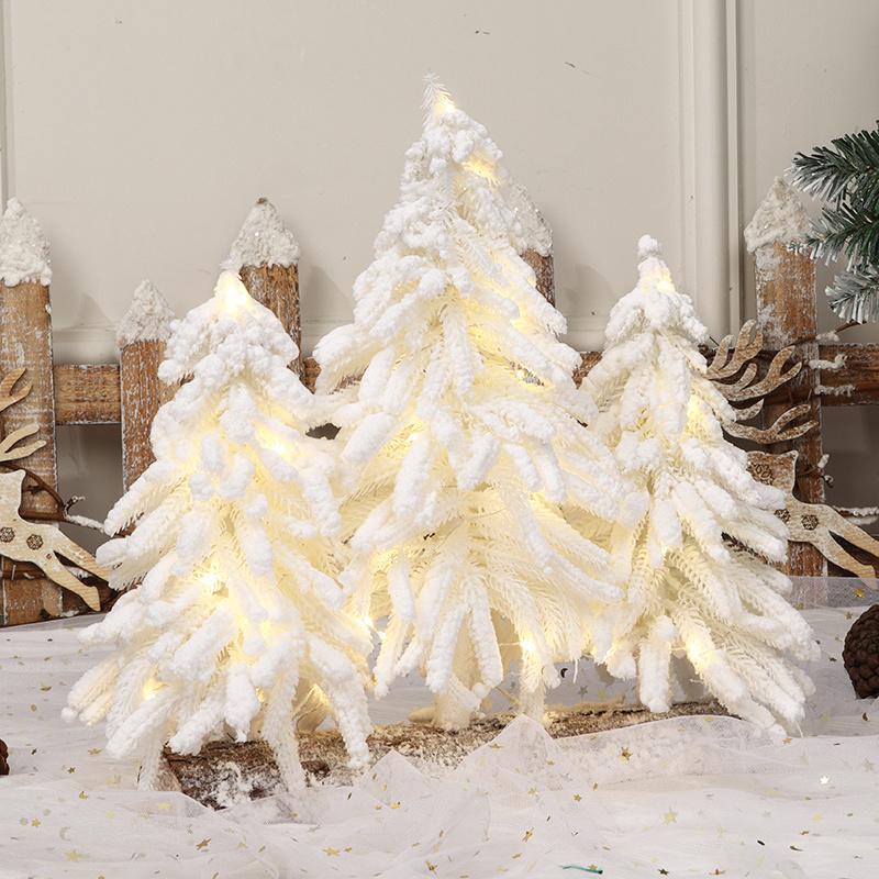 China Custom White PE Christmas Tree with Led Lights 35cm Table Top Flocking Snow Xmas Three Tree