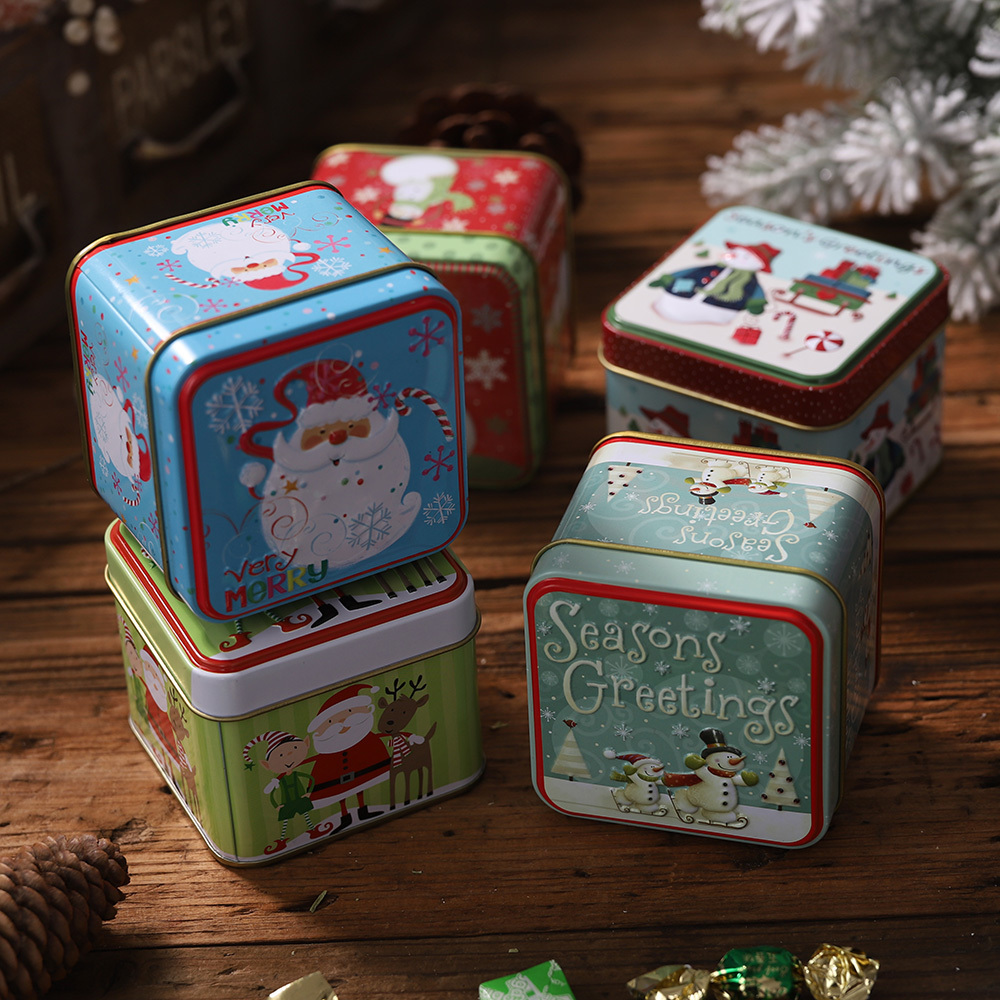 Christmas Tin Gift Box Metal Candy Chocolate Box Square Candy Storage Containers with Lids for Holiday Xmas Supplies