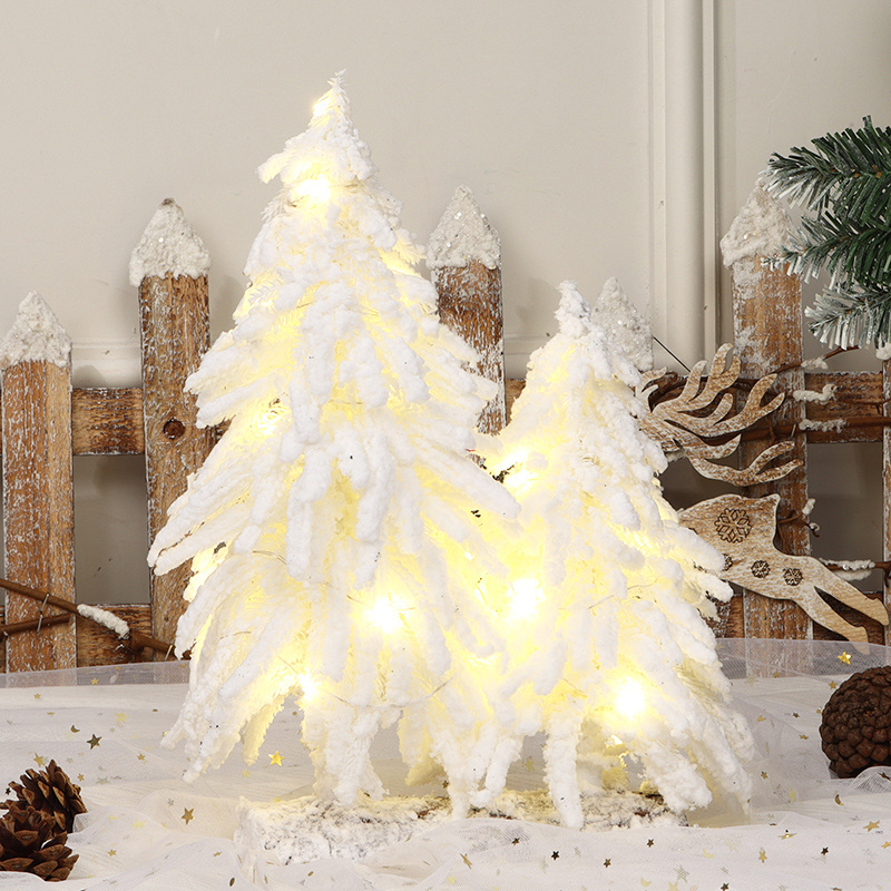 China Custom White PE Christmas Tree with Led Lights 35cm Table Top Flocking Snow Xmas Three Tree