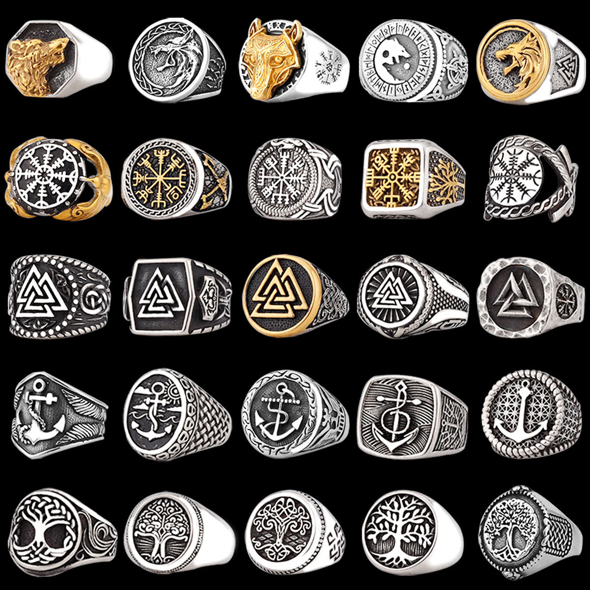 Viking Celtic Rune Ax Compass Tree of Life Skull Wolf Head Odin Amulet Viking Ring Wholesale men's rings stainless steel jewelry