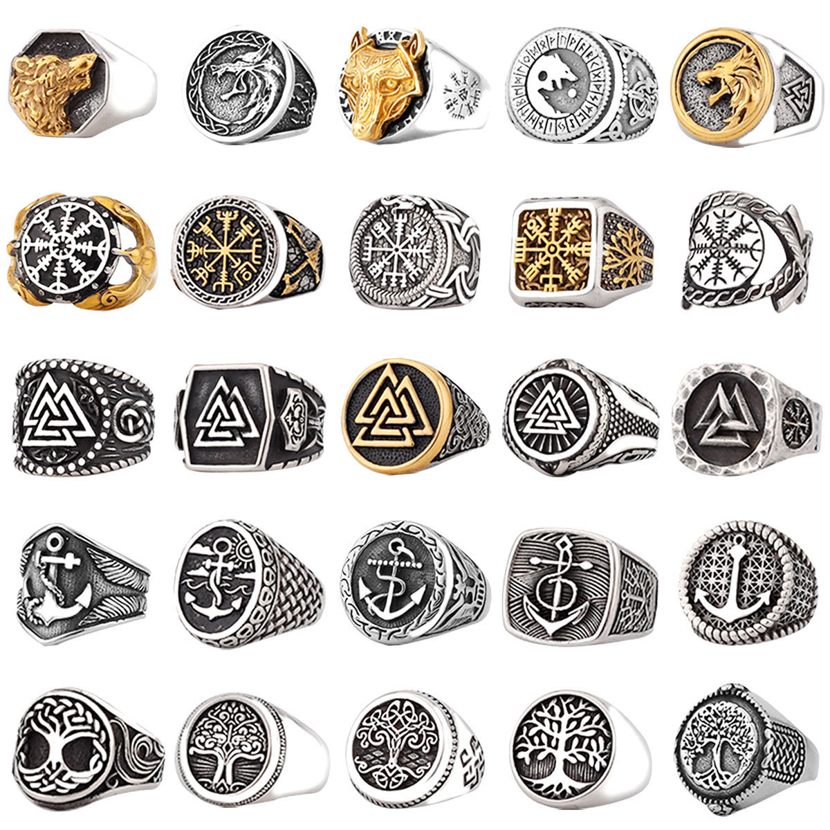 Viking Celtic Rune Ax Compass Tree of Life Skull Wolf Head Odin Amulet Viking Ring Wholesale men's rings stainless steel jewelry