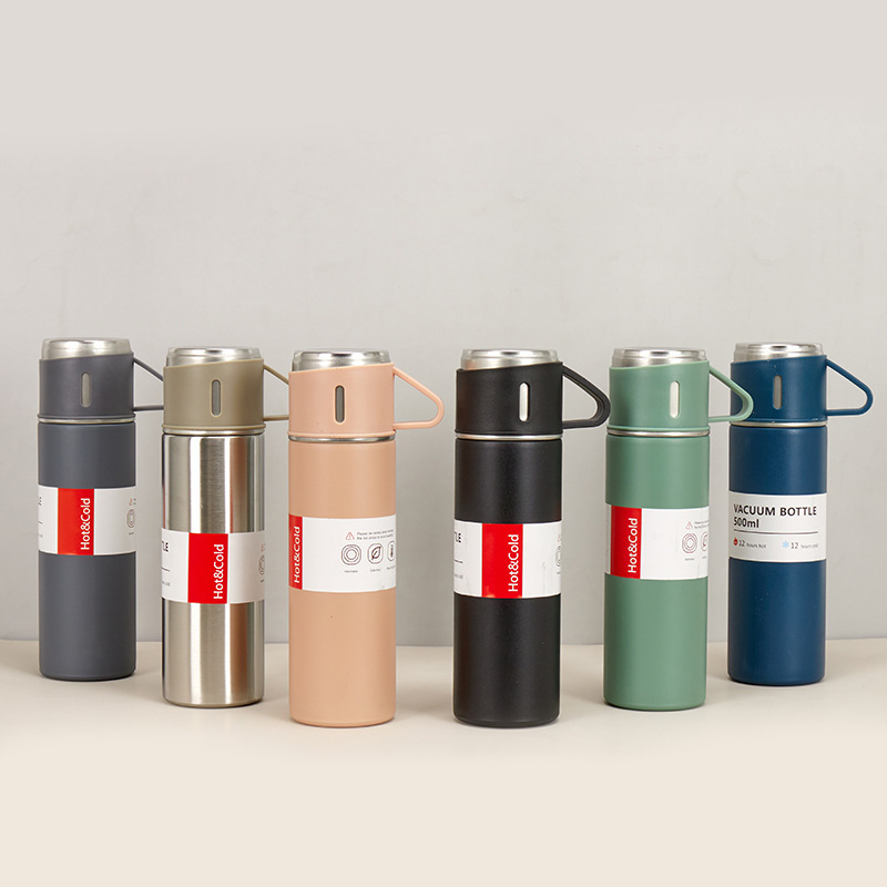 Double Wall Eco Friendly 500ml Stainless Steel Vacuum Thermos Insulated Vacuum Flask Set With 3 cups For Gift