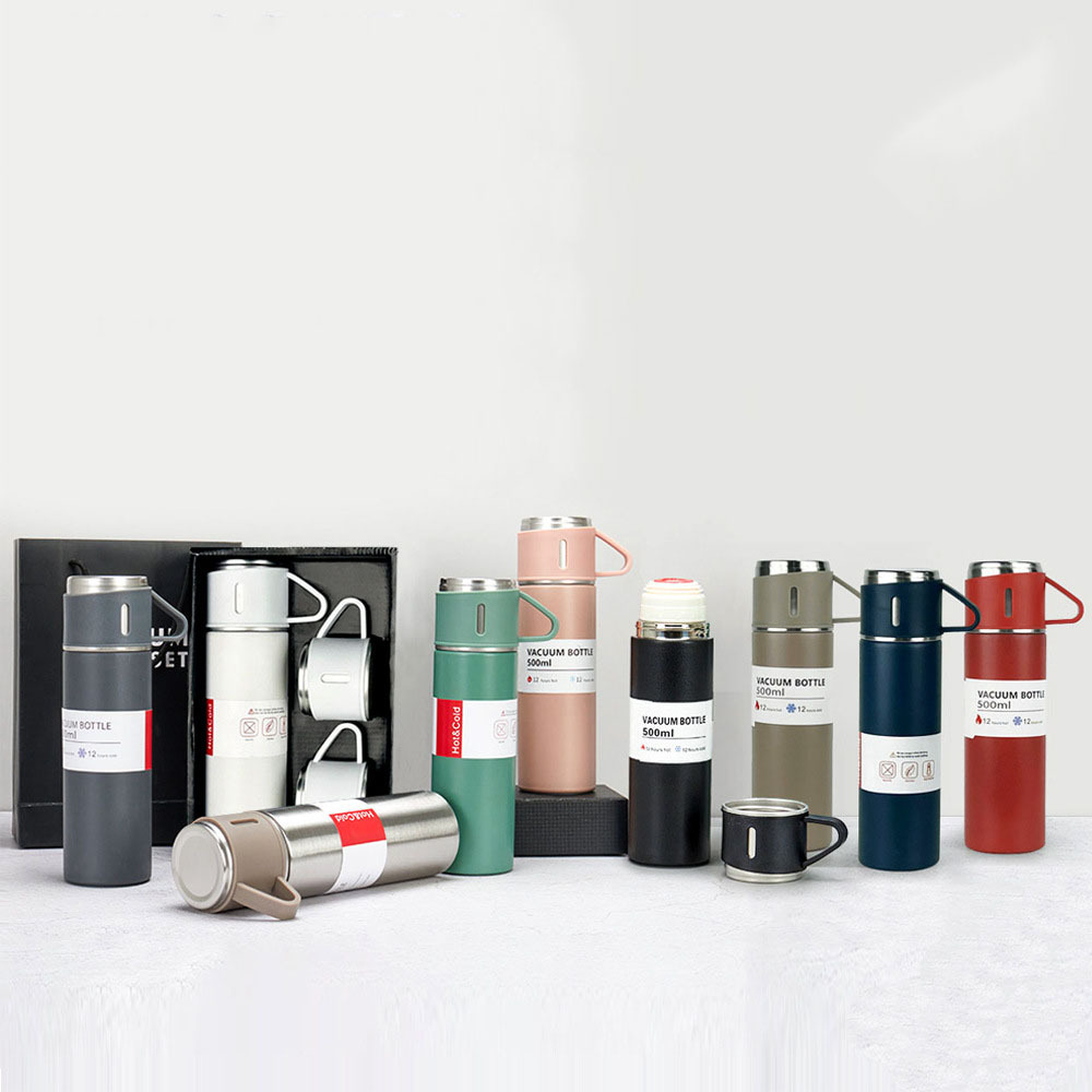 Double Wall Eco Friendly 500ml Stainless Steel Vacuum Thermos Insulated Vacuum Flask Set With 3 cups For Gift