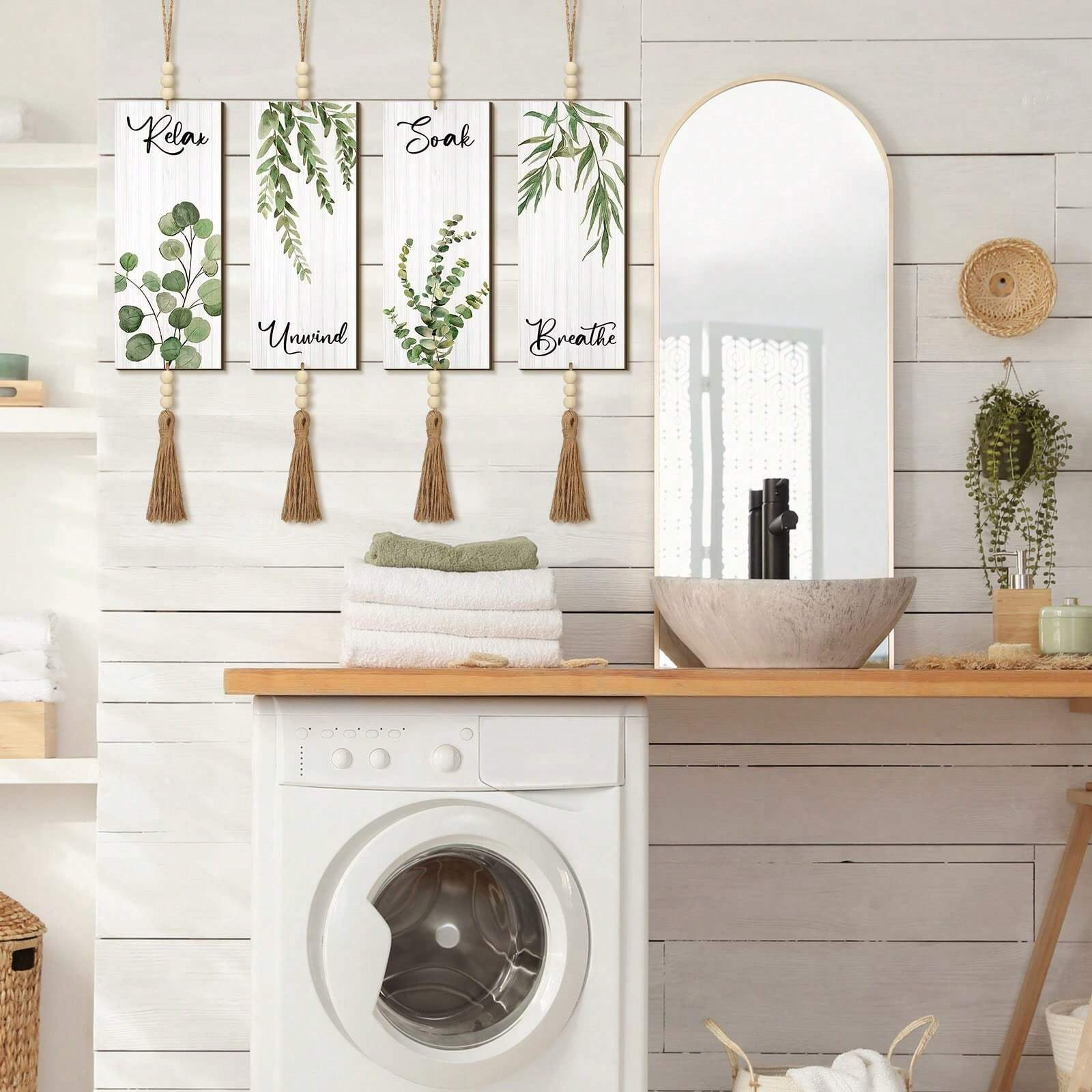 Boho 4 Pieces Leaf Art Print Bathroom Sign With Beads Wooden Hanging Botanical Wall Art Decor Farmhouse Home Bathroom Decoration