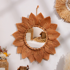 Boho Hand-woven Macrame Mirror Leaf Decoration Wall Hanging Round Tapestry Cotton Makeup Mirror Nursery Home Decor