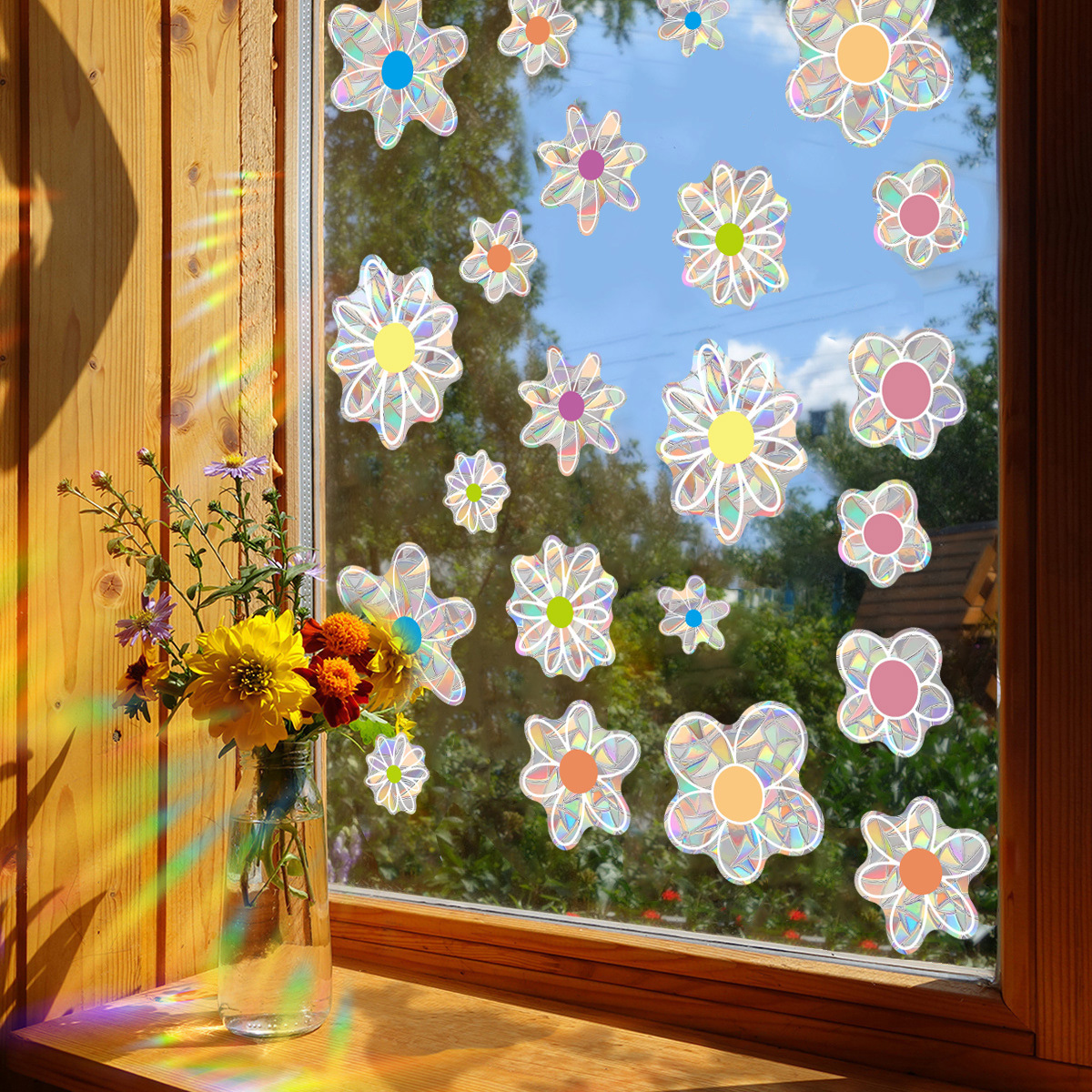 Flower Suncatcher Sticker Floral Window Decal Rainbow Maker Window Sticker PVC Collision Avoidance Room Home Decor