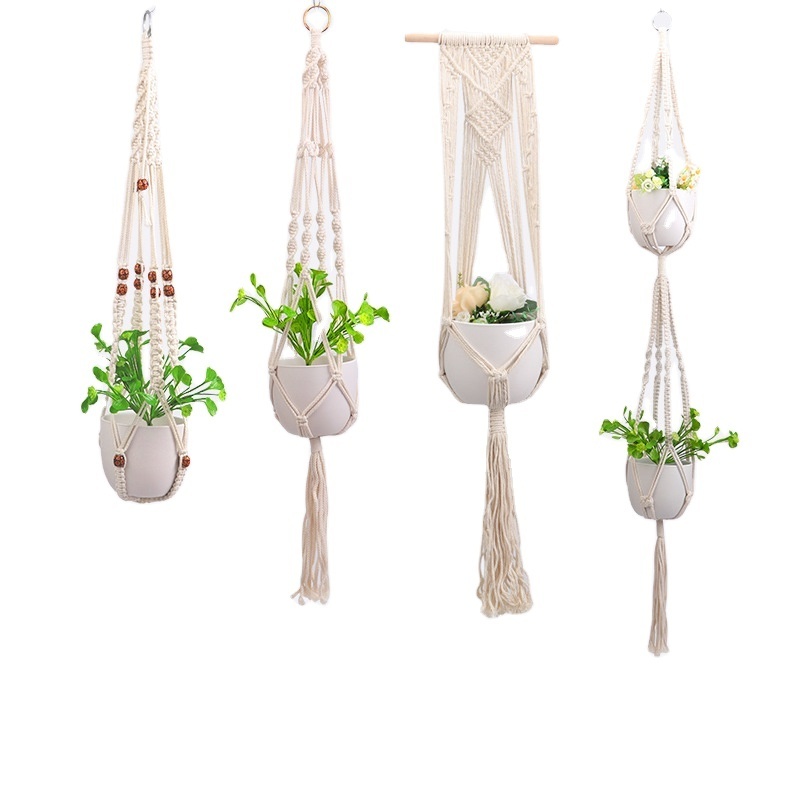 Indoor Garden Handmade Cotton Macrame Wall Hanging Beige Color Pot Plant Hanger Holder Rope Set Hogar Wall Decor