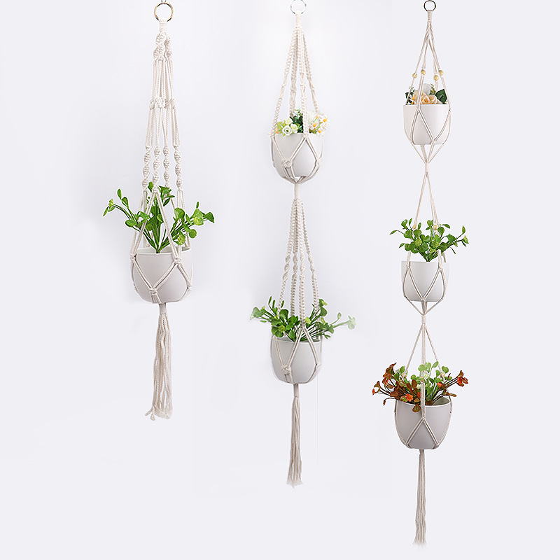 Indoor Garden Handmade Cotton Macrame Wall Hanging Beige Color Pot Plant Hanger Holder Rope Set Hogar Wall Decor