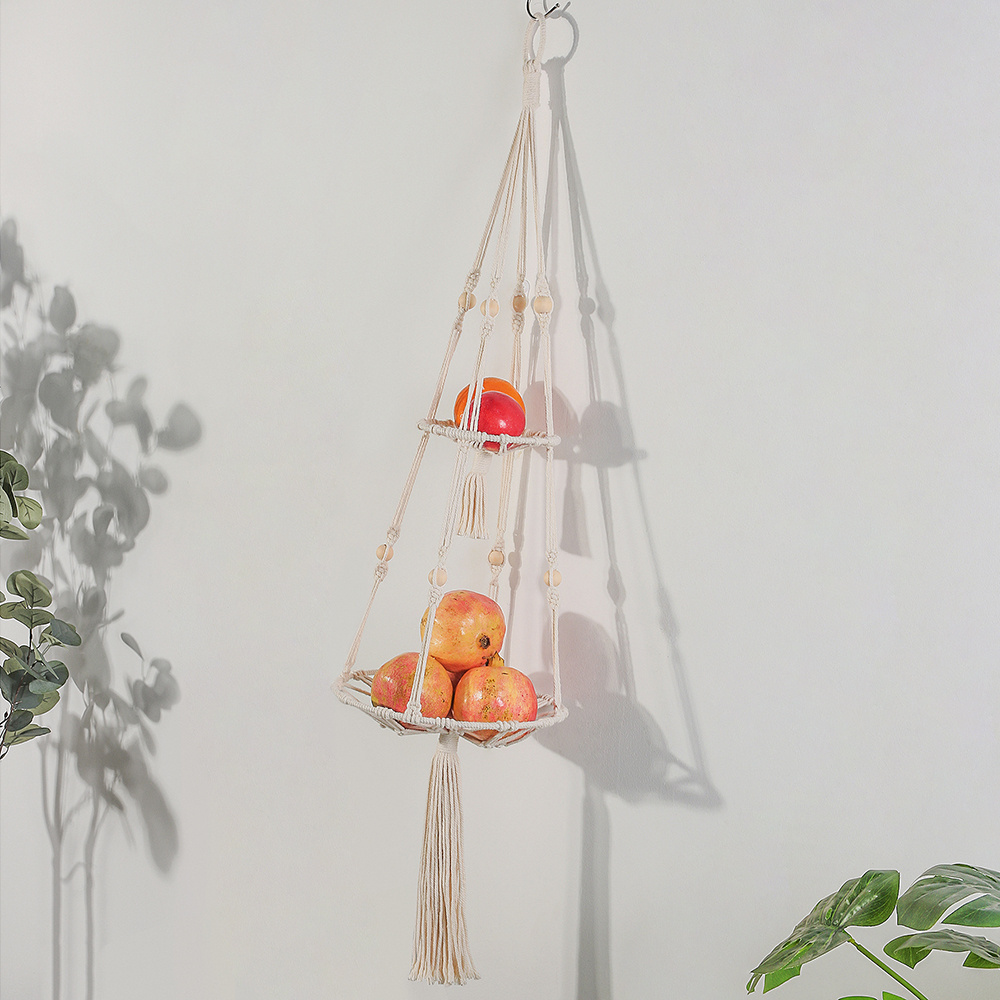 Handmade Kitchen Decor Macrame Plant Hanger Wall Hanging Cord Cotton Wooden Fruit And Veggie Storage Basket Stand Hammock