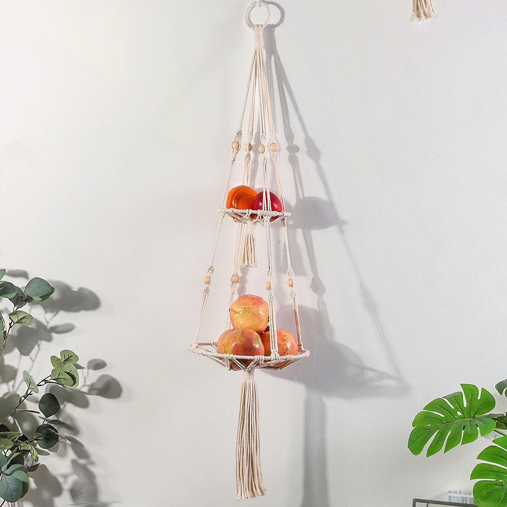 Handmade Kitchen Decor Macrame Plant Hanger Wall Hanging Cord Cotton Wooden Fruit And Veggie Storage Basket Stand Hammock