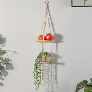 Handmade Kitchen Decor Macrame Plant Hanger Wall Hanging Cord Cotton Wooden Fruit And Veggie Storage Basket Stand Hammock