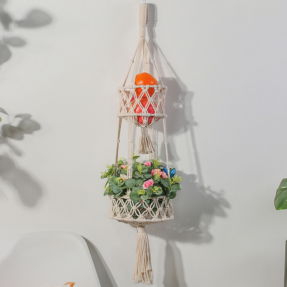 Handmade Kitchen Decor Macrame Plant Hanger Wall Hanging Cord Cotton Wooden Fruit And Veggie Storage Basket Stand Hammock