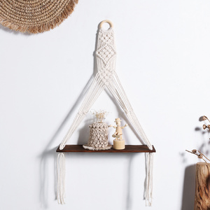 Boho Cotton Rope Beige Macrame Wooden Swing Wall Mount Floating Plant Holder Hanger Shelf For Bedroom Living Room