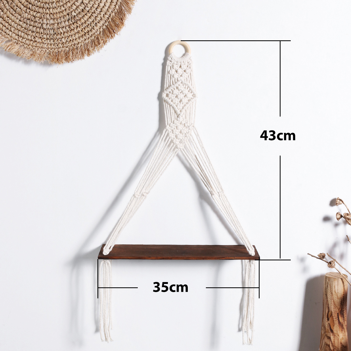 Boho Cotton Rope Beige Macrame Wooden Swing Wall Mount Floating Plant Holder Hanger Shelf For Bedroom Living Room