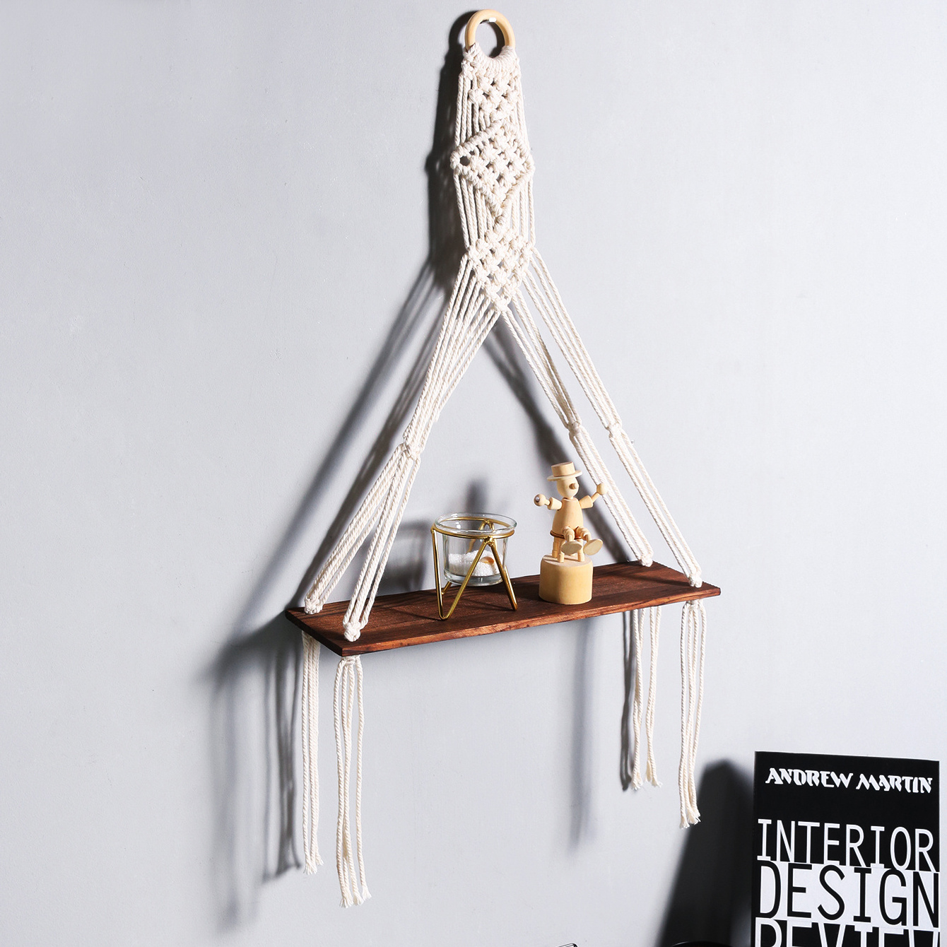 Boho Cotton Rope Beige Macrame Wooden Swing Wall Mount Floating Plant Holder Hanger Shelf For Bedroom Living Room