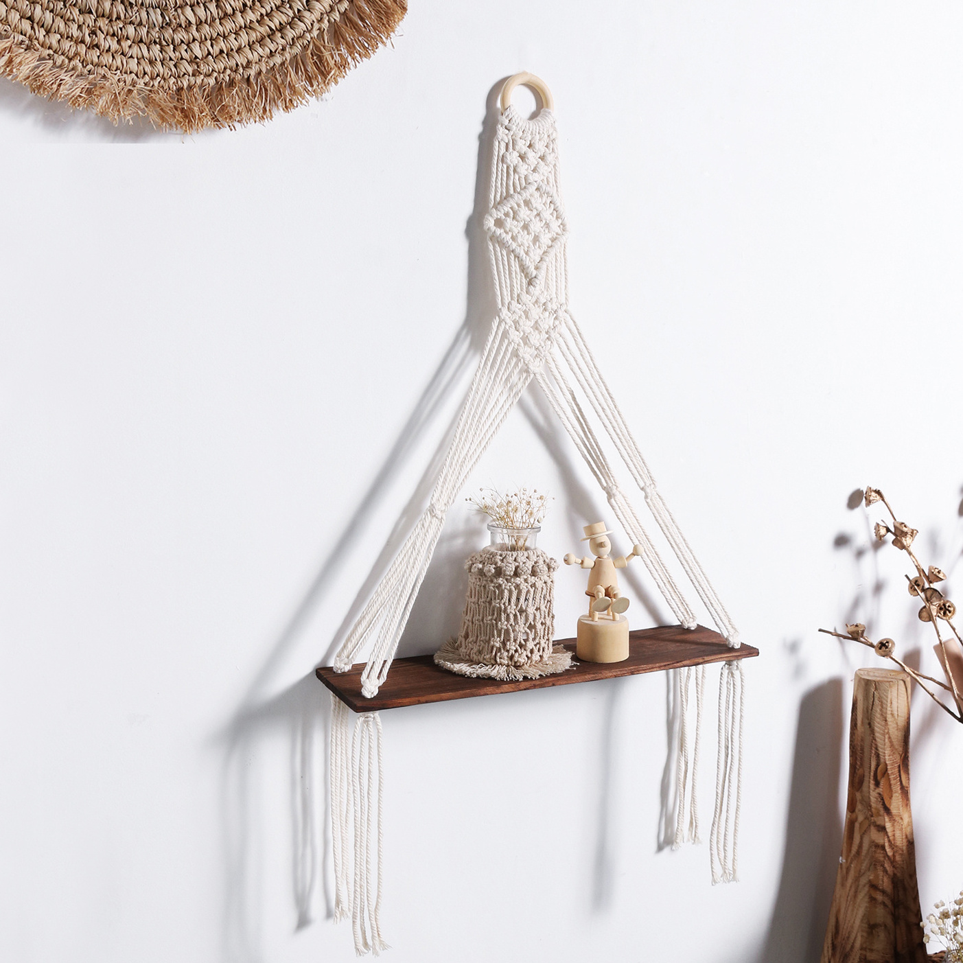 Boho Cotton Rope Beige Macrame Wooden Swing Wall Mount Floating Plant Holder Hanger Shelf For Bedroom Living Room