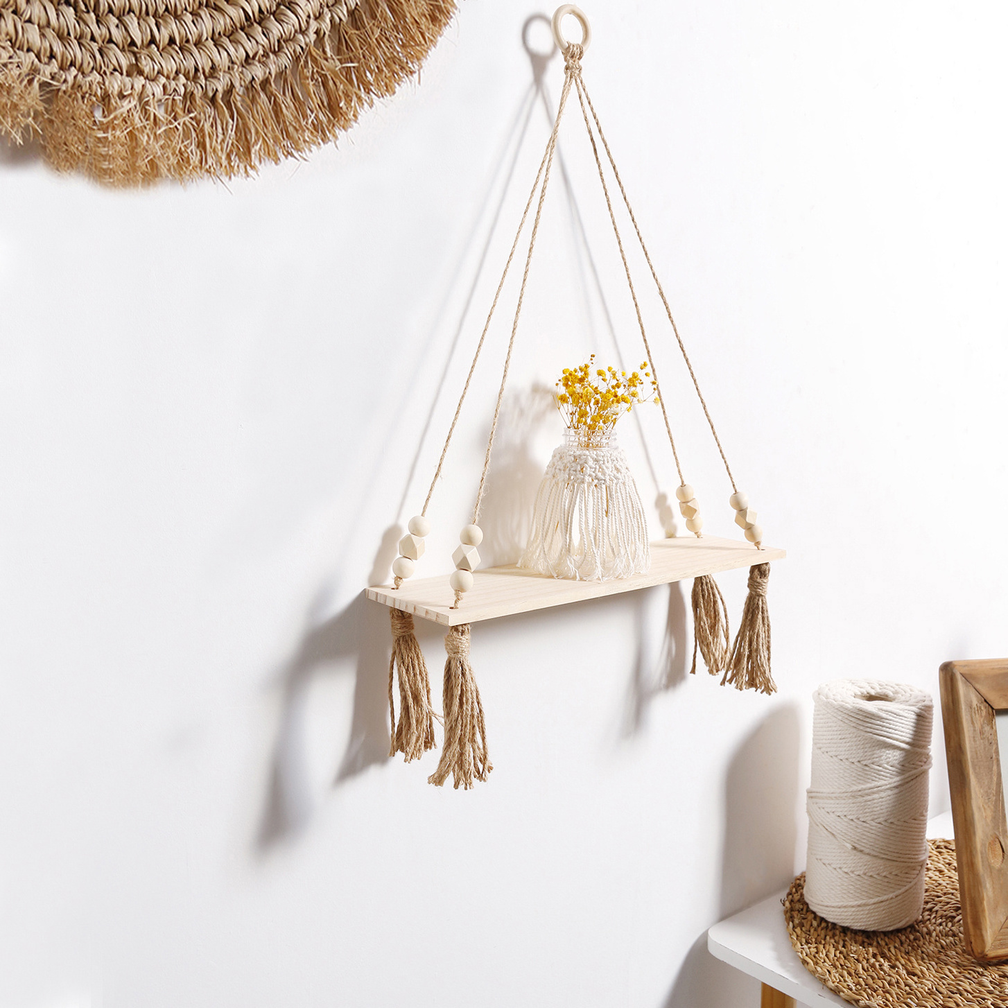 Handmade Macrame Wooden Wall Hanging Floating Candle Shelf Plant Hanger Holder Tassel Ornaments For Bedroom Home Decor