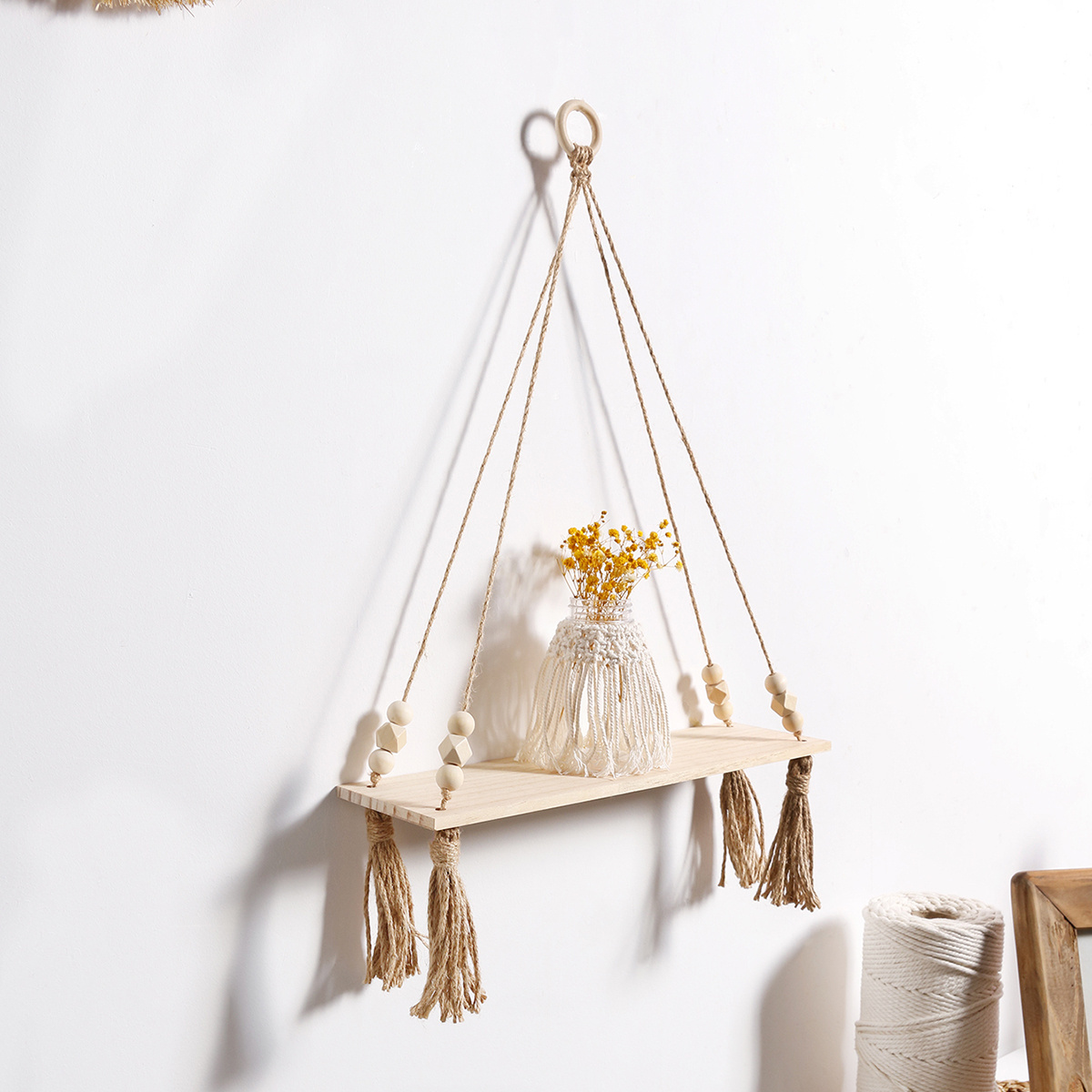 Handmade Macrame Wooden Wall Hanging Floating Candle Shelf Plant Hanger Holder Tassel Ornaments For Bedroom Home Decor