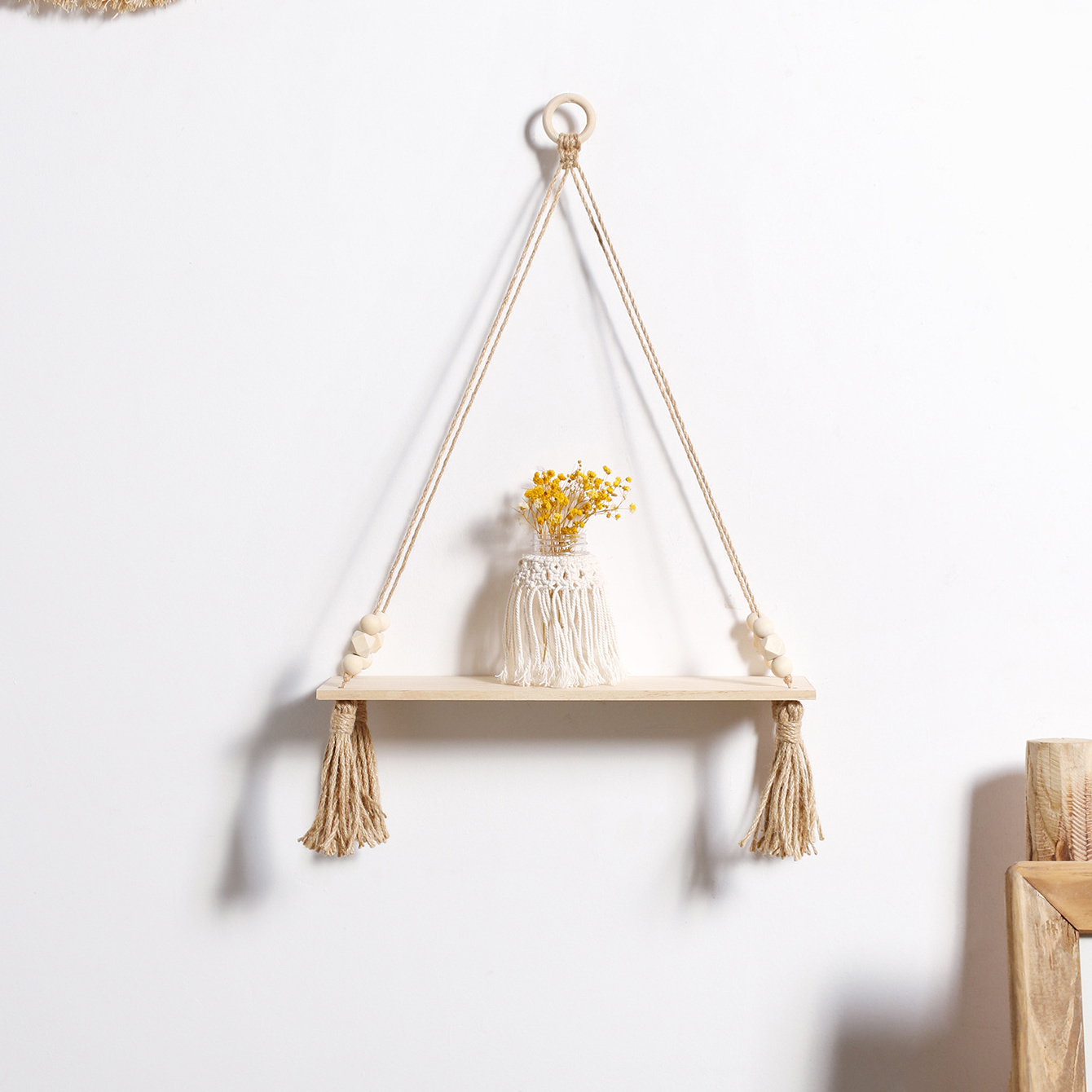 Handmade Macrame Wooden Wall Hanging Floating Candle Shelf Plant Hanger Holder Tassel Ornaments For Bedroom Home Decor