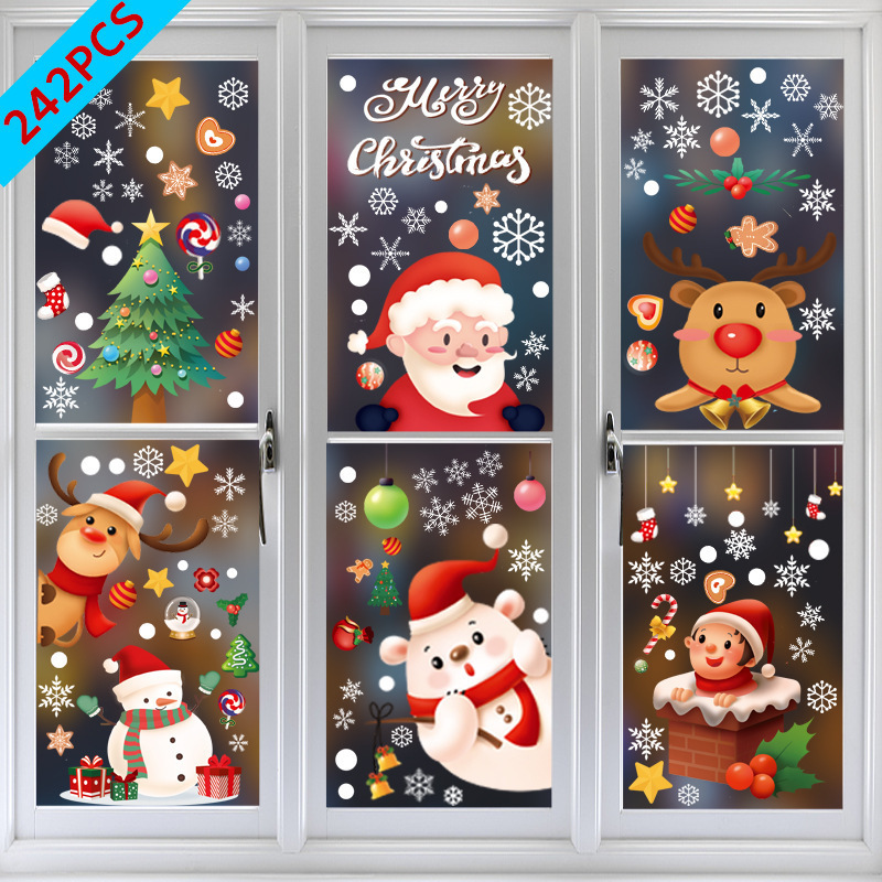 Reusable Winter Santa Claus Merry Christmas Snowflake Vinyl Window Clings Decal Stickers For Kids Wall Hanging Decoration 2022