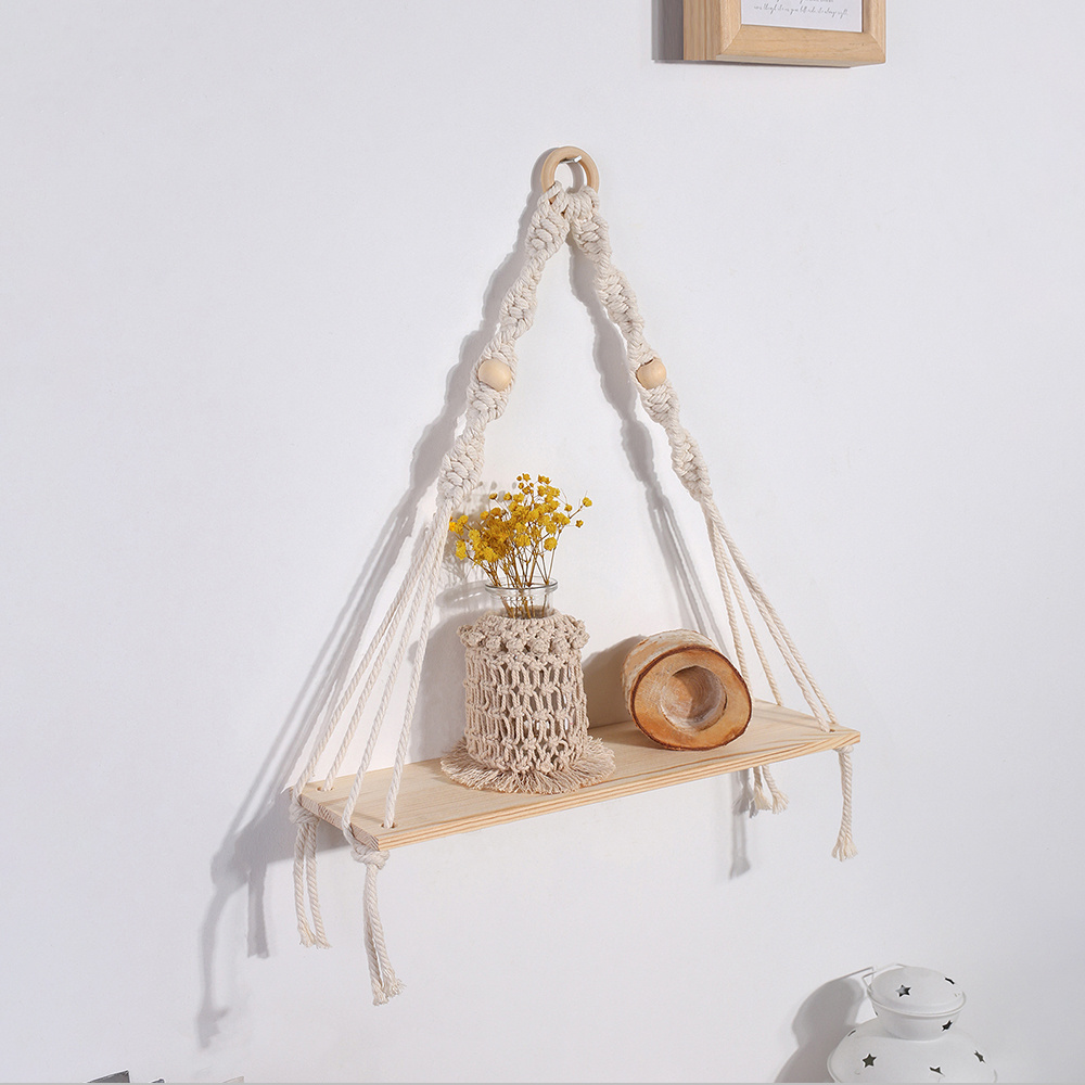 Boho Macrame Rope Wall Hanging Wooden Candle Holder Plant Hanger Floating Shelf Bracket for Bedroom Indoor