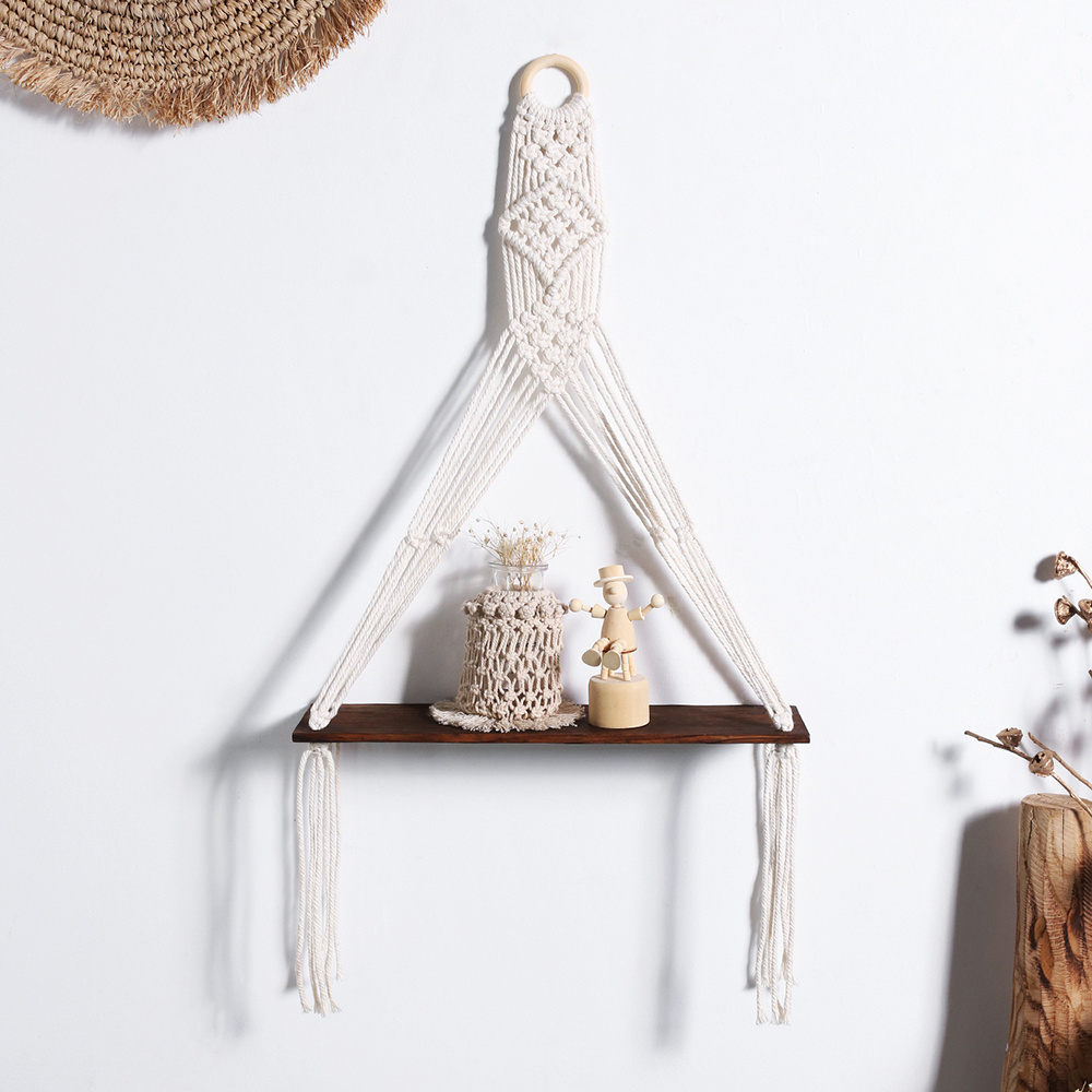 Boho Macrame Rope Wall Hanging Wooden Candle Holder Plant Hanger Floating Shelf Bracket for Bedroom Indoor