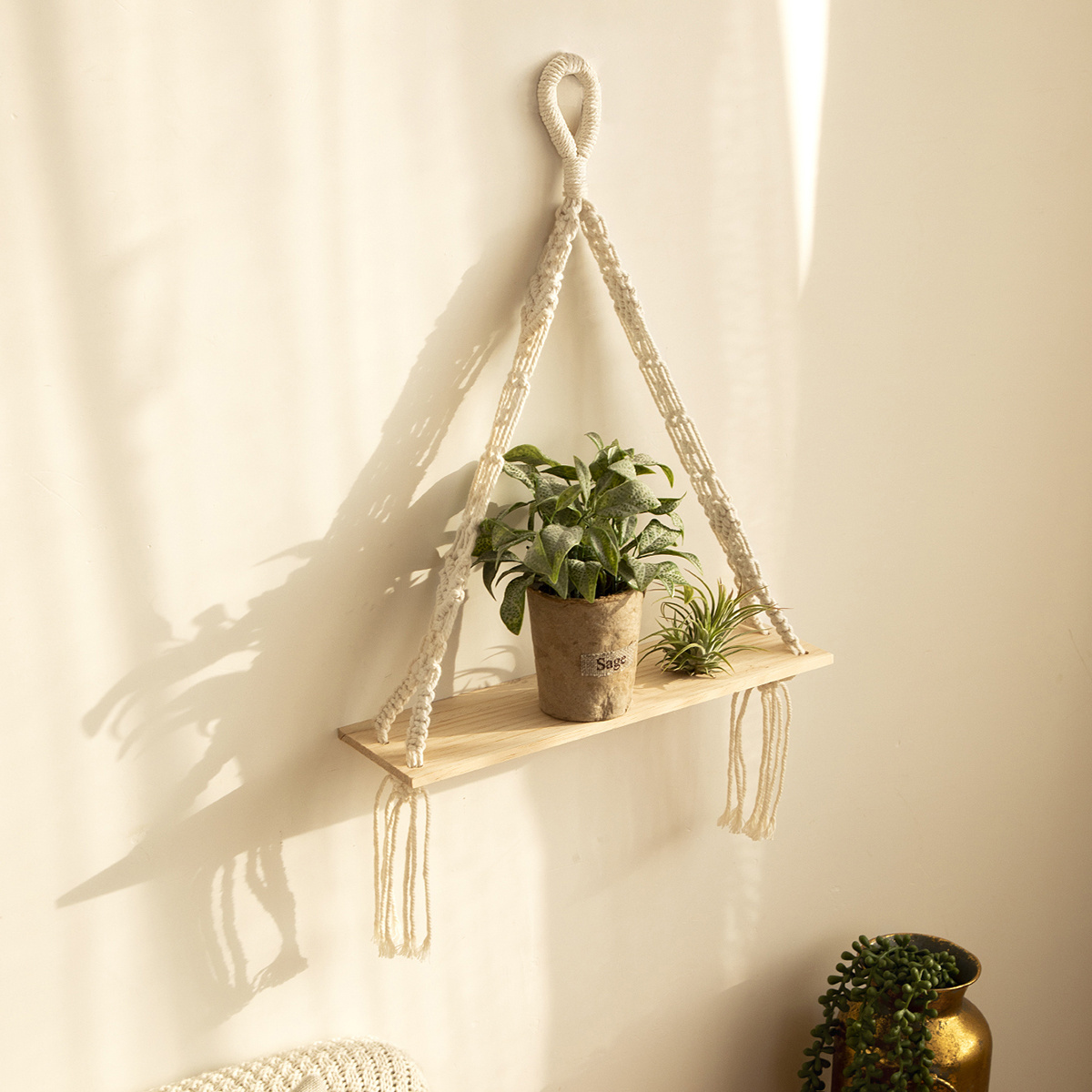 Boho Macrame Rope Wall Hanging Wooden Candle Holder Plant Hanger Floating Shelf Bracket for Bedroom Indoor