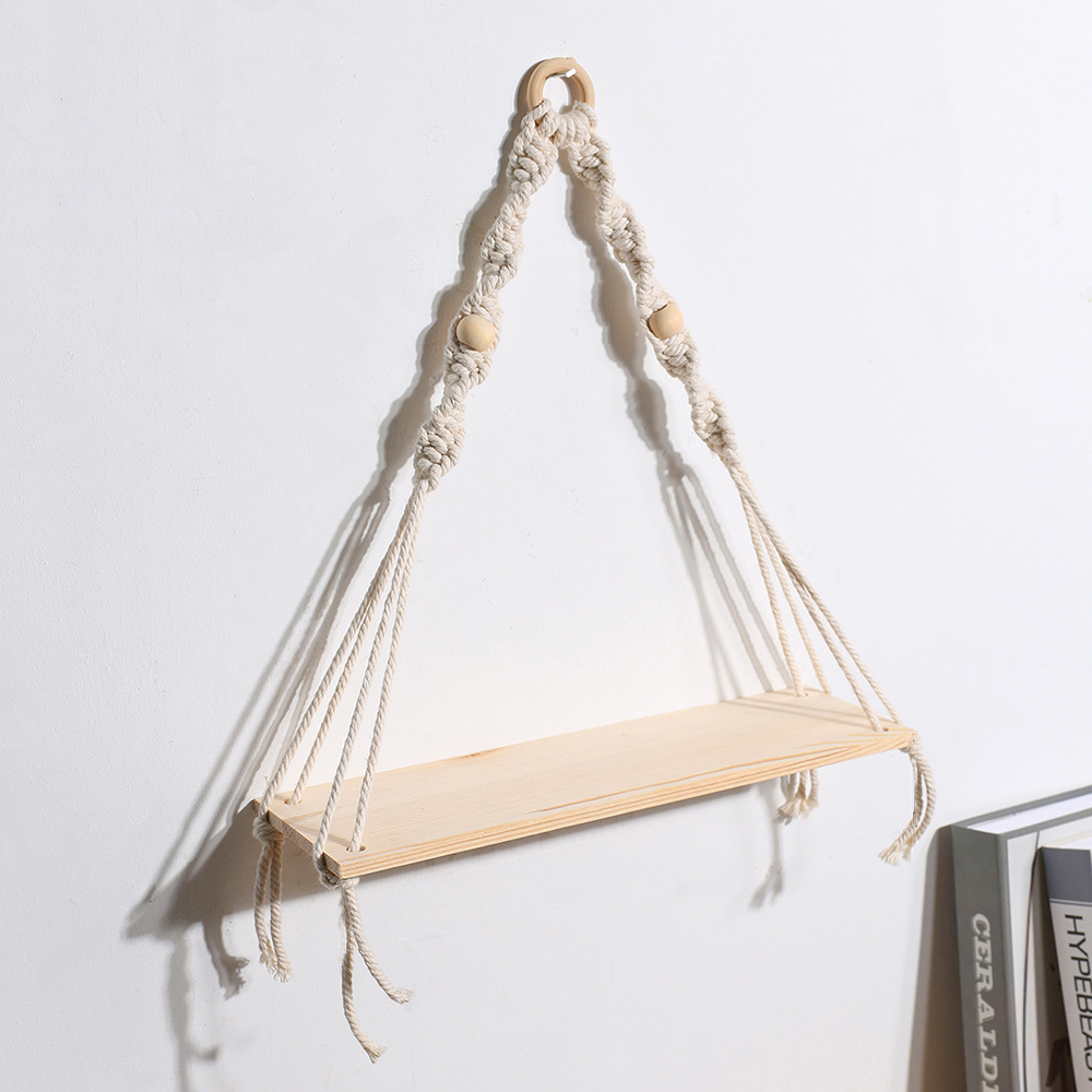 Boho Macrame Rope Wall Hanging Wooden Candle Holder Plant Hanger Floating Shelf Bracket for Bedroom Indoor