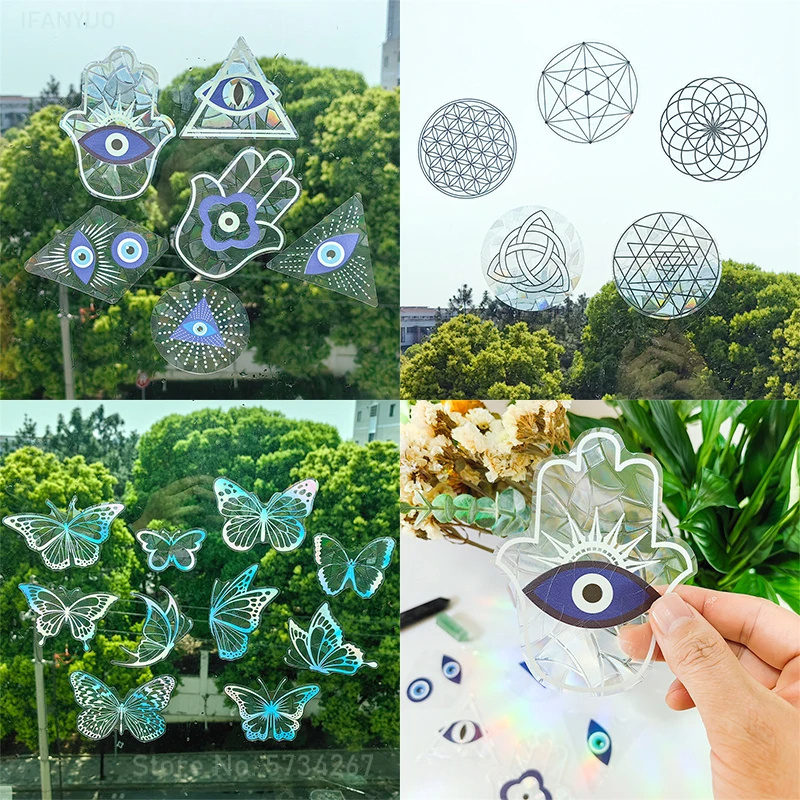 Sun Catcher Sticker Set Butterfly Evil Eye Flower of Life Palm Rainbow Maker Static Window Wall Stickers for Home Interior Decor