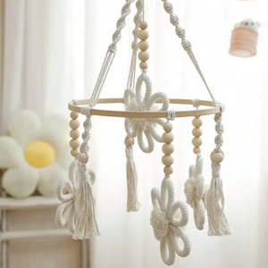 Boho Baby Crib Mobile Decor Wall Hanging Pendant Crib Wind Chime Hand Woven Hangings Bamboo Ring and Rope Home Decoration