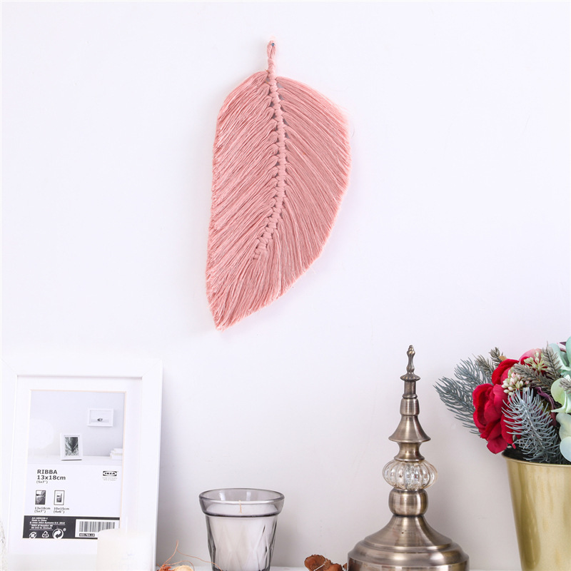 Handmade Nursery Decor Macrame Woven Cotton Leaf Wall Art Hanging Pink Tassel Boho Chic Tapestry Girls Accessories