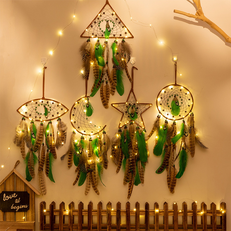 5 Pcs Boho Wall Hanging Large Moon Sun Green Feathers Dream Catchers for Kids Bedroom Living Home Decoration With Light