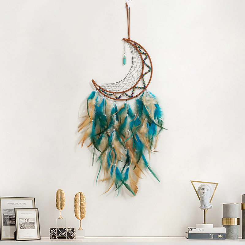 Nordic Dream Catcher Feather Wind Chimes Woven Wall Hanging Grey Moon Dream Catcher For Bedroom Boy Girl Handmade Home Ornaments