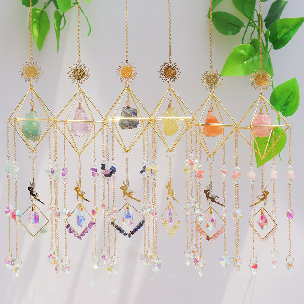 Boho Crystal Sun Catcher with Fairy Natural Birthstone Wall Hanging Amethyst Rainbow Maker Housewarming Gift Home Decor