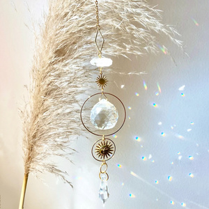 Boho Metal Gold Moon Wall Decor Hanging Wind Chimes Crystal Sun Catcher Glass Prism Window Home Decor Accessories