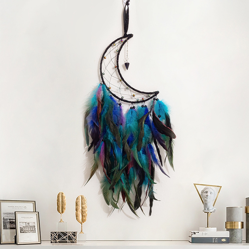 Nordic Dream Catcher Feather Wind Chimes Woven Wall Hanging Grey Moon Dream Catcher For Bedroom Boy Girl Handmade Home Ornaments