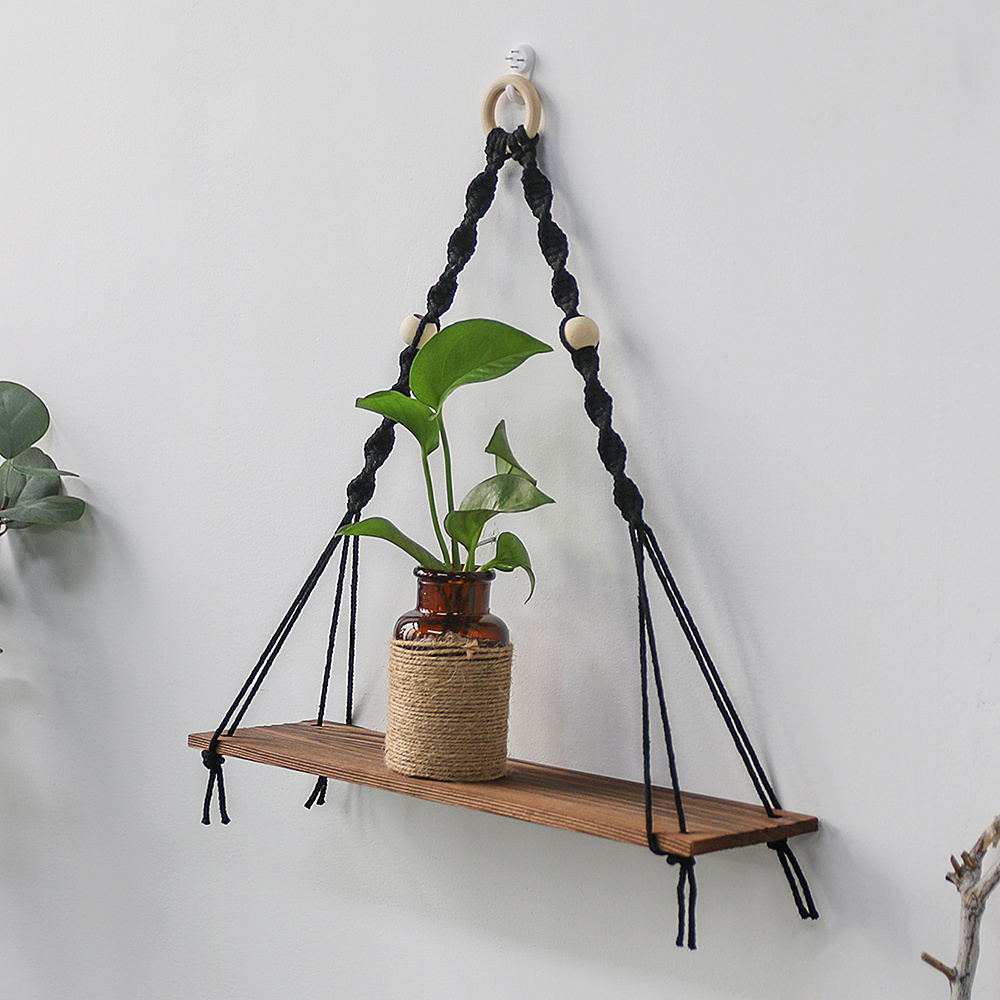 Boho Handmade Macrame Wall Tapestry Black Pot Floating Plant Stand Holder Hanger Shelf Garden Swing Hanging Hogar Home Decor