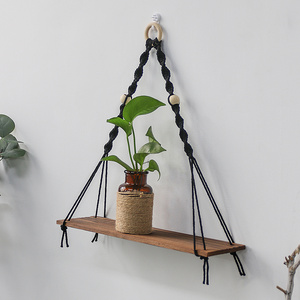 Boho Handmade Macrame Wall Tapestry Black Pot Floating Plant Stand Holder Hanger Shelf Garden Swing Hanging Hogar Home Decor