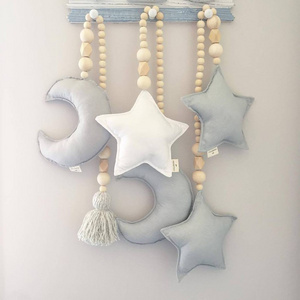 Nordic Natural Crafts Christmas Rustic Farmhouse Wooden Beads Garland With Fabric Moon Star Baby Kids Room Decoration