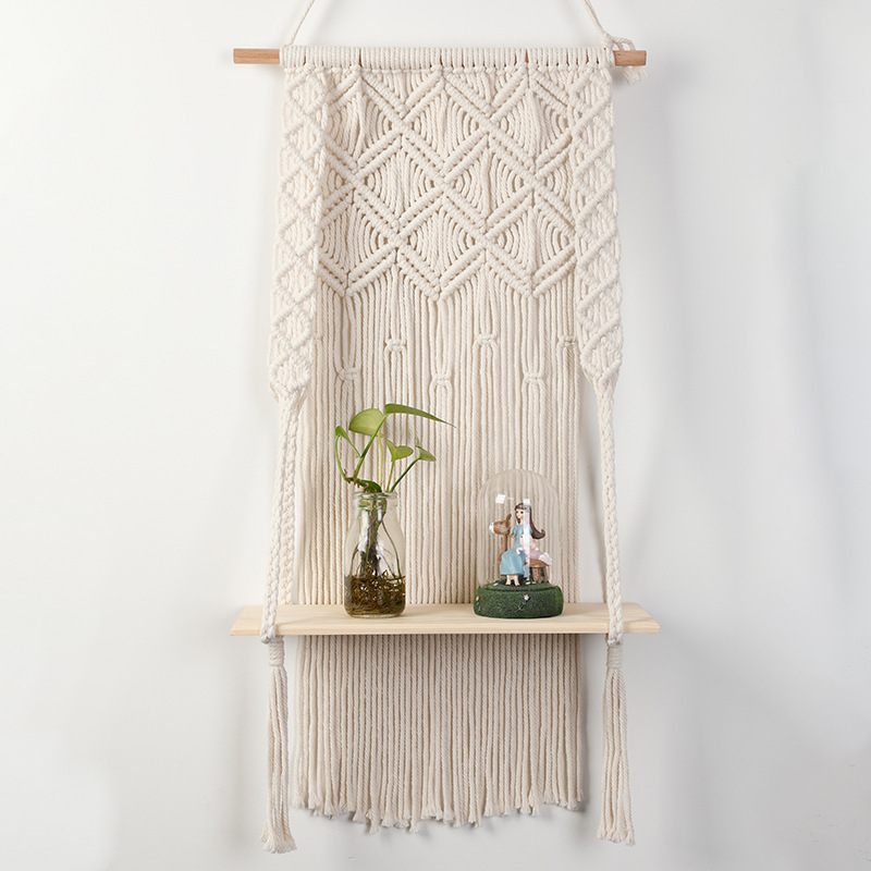 Indoor Rope Woven Macrame Wall Hanging Candle Holder Plant Hanger Stand Wooden Floating Shelves Rack Home Decor