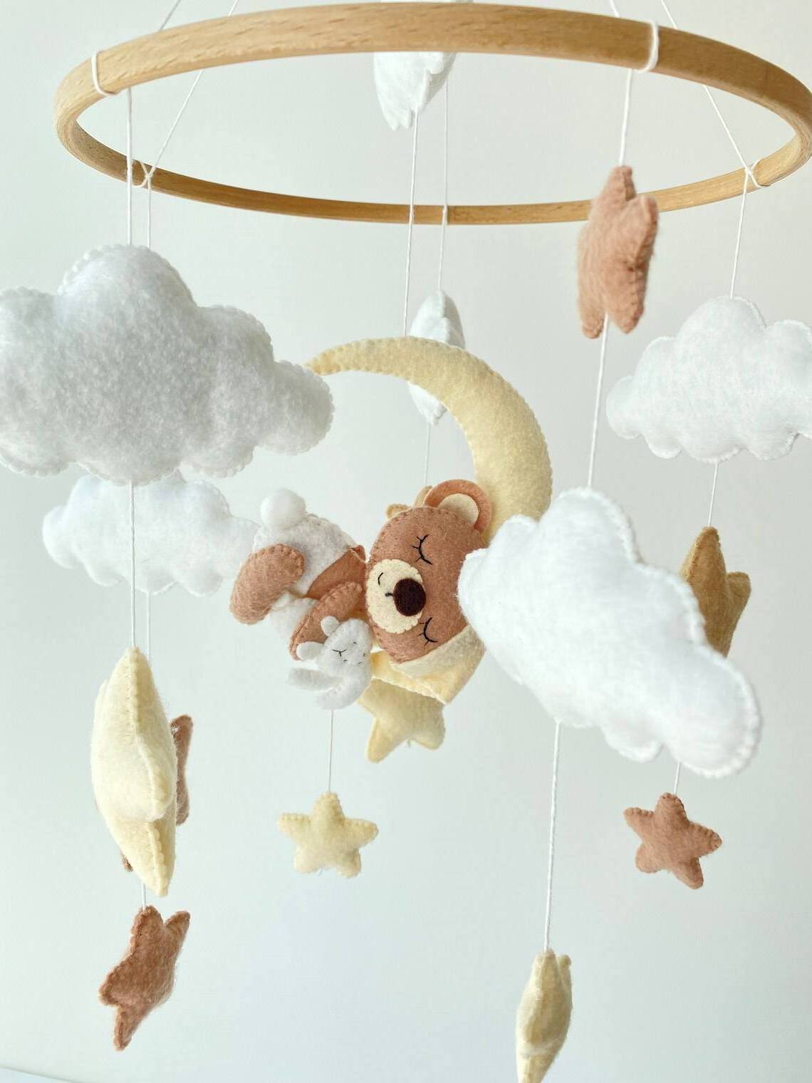 Bear Baby Mobile Handmade Neutral Baby Mobile Crib Cot Nursery Baby Mobiles Star Cloud Felt Hanging Decor