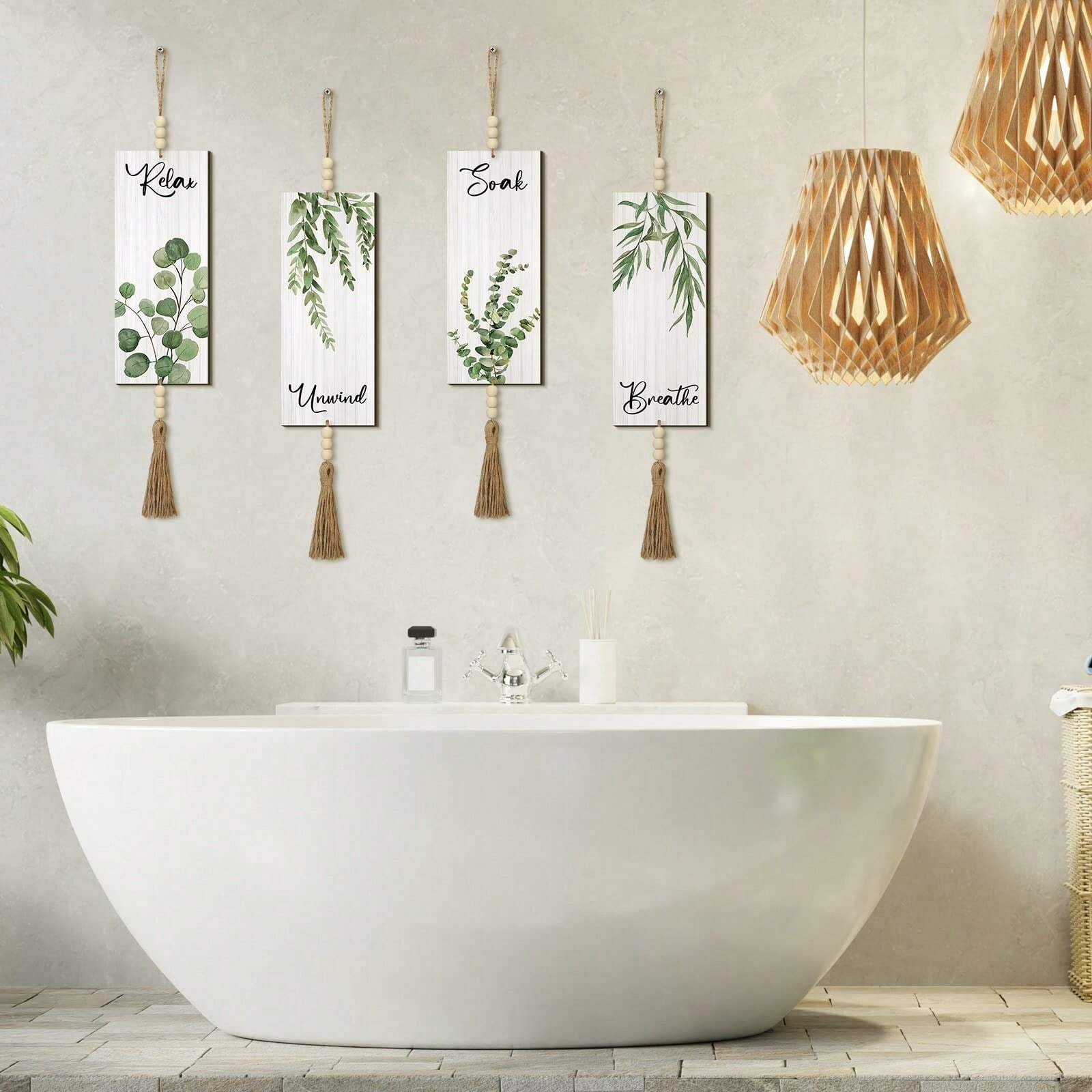 Boho 4 Pieces Leaf Art Print Bathroom Sign With Beads Wooden Hanging Botanical Wall Art Decor Farmhouse Home Bathroom Decoration