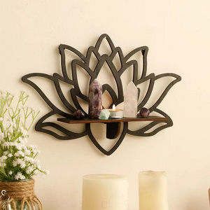 Lotus Wood Shelf Black Corner Shelf Display Stand Crystal Stone Essential Oil Wall Organizer Room Decors Aesthetic Home Decor