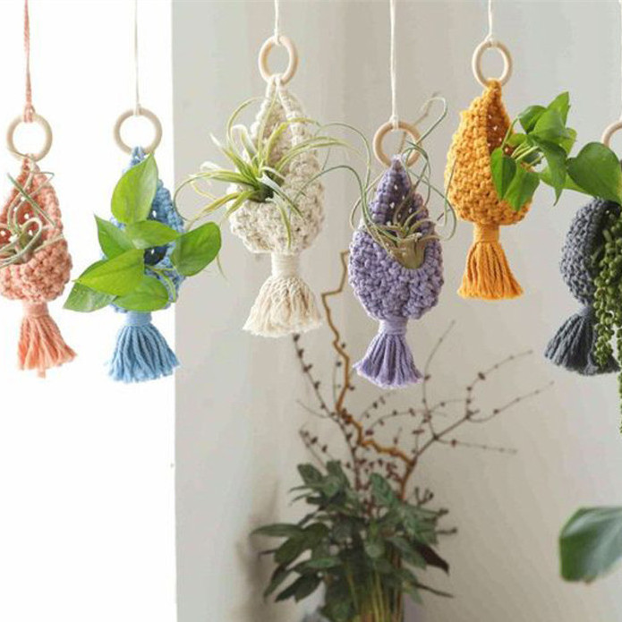 Boho Macrame Air Plant Holder Colorful Hand-woven Wall Planter Crochet Small Macrame Wall Hanging Home Decor