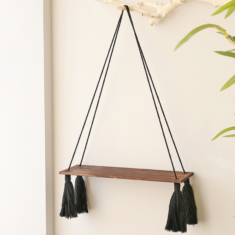 Decorative Wall Arts Ornaments For Home  Living Room Macrame Plant Hanger Stand Holder Wood Floating Shelf Indoor