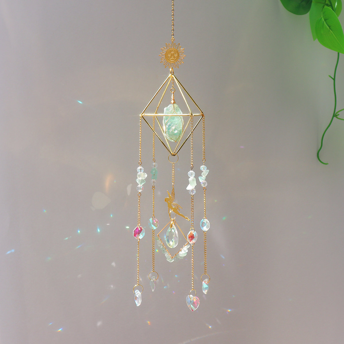 Boho Crystal Sun Catcher with Fairy Natural Birthstone Wall Hanging Amethyst Rainbow Maker Housewarming Gift Home Decor