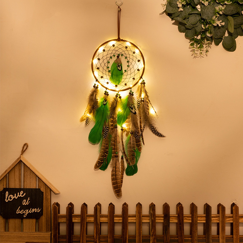 5 Pcs Boho Wall Hanging Large Moon Sun Green Feathers Dream Catchers for Kids Bedroom Living Home Decoration With Light