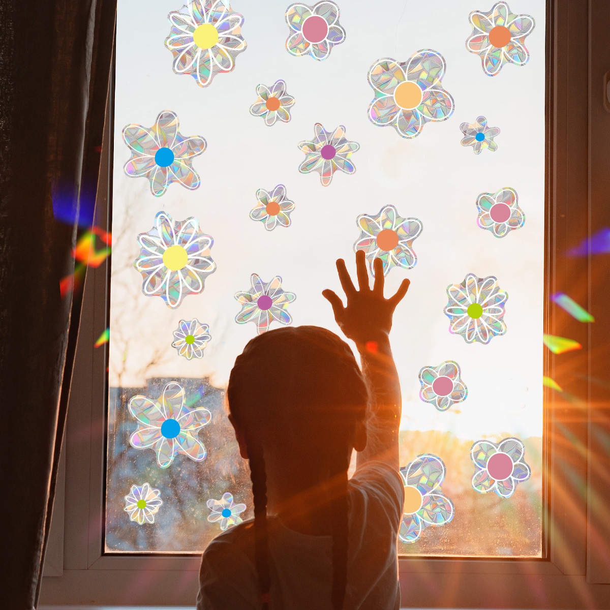 Flower Suncatcher Sticker Floral Window Decal Rainbow Maker Window Sticker PVC Collision Avoidance Room Home Decor