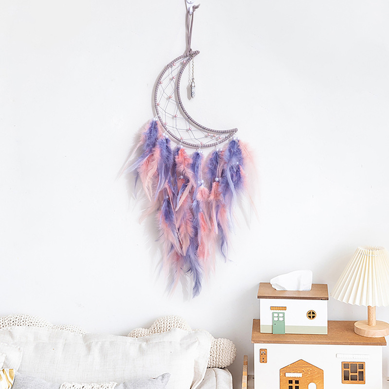 Nordic Dream Catcher Feather Wind Chimes Woven Wall Hanging Grey Moon Dream Catcher For Bedroom Boy Girl Handmade Home Ornaments