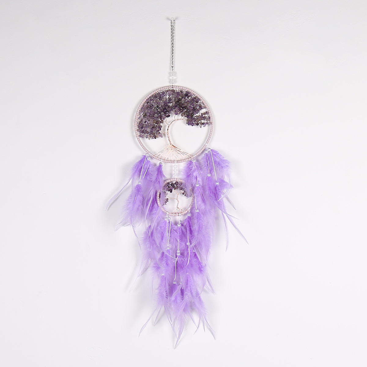 Tree of Life Crystal Dreamcatcher Amethyst Feather Wall Hanging Natural Stone Handmade Dream Catcher Bedroom Home Decor